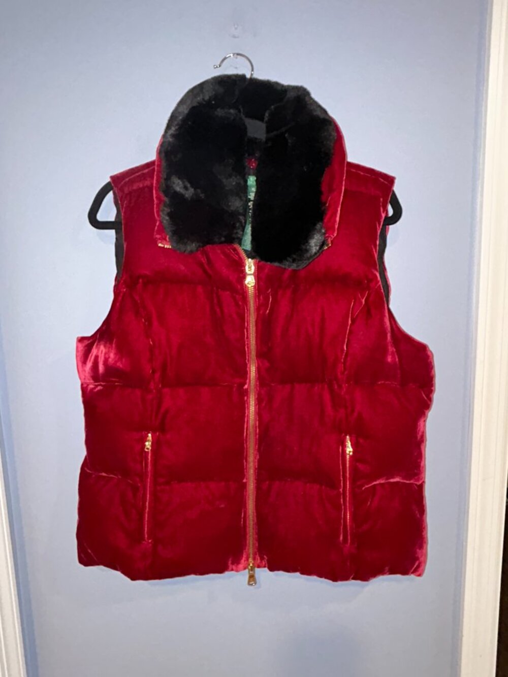 Lauren Ralph Lauren XL Women's Velvet Puffer Vest Faux Fur Collar Red